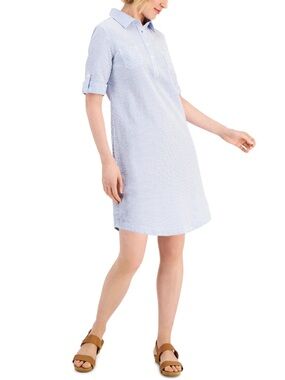 Light Blue Seersucker Short Dress | Karen Scott | Large